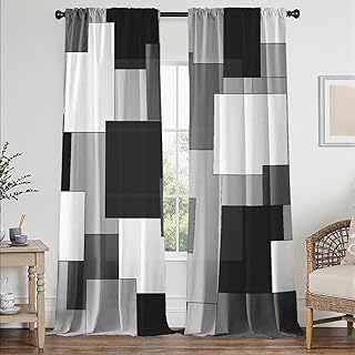 Black and Grey Curtains for Living Room 84 Length Geometry Curtains Mode...
