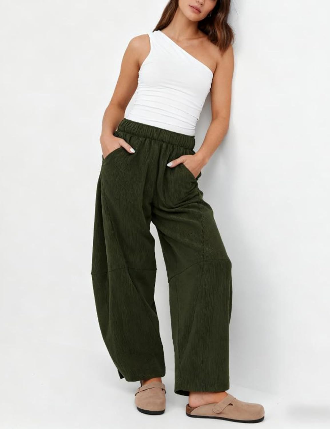 Athlisan Womens Corduroy Pants Wide Leg Cropped Barrel Baggy Elastic Waist Trousers with Pockets - Image 4