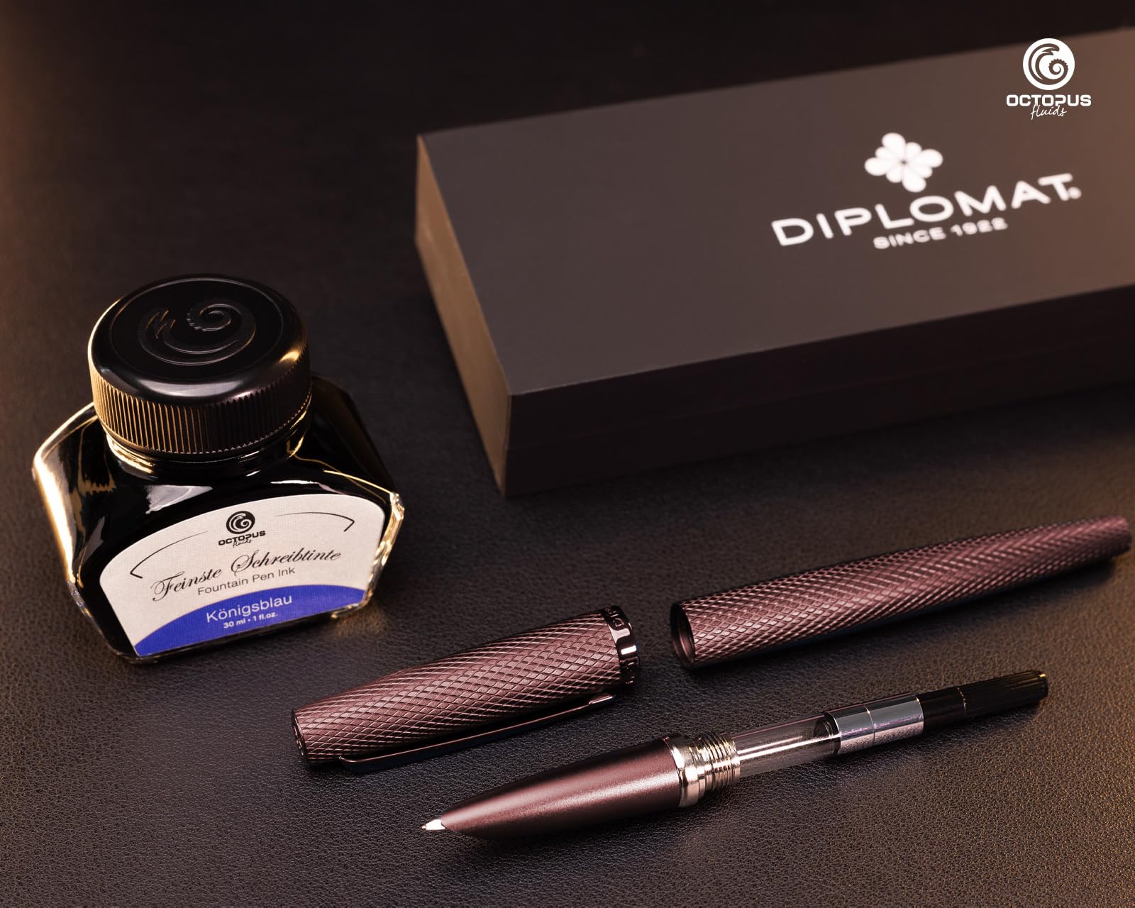 Diplomat Viper Füllhalter-Set Braun guillochiert, Tinte und Lederetui