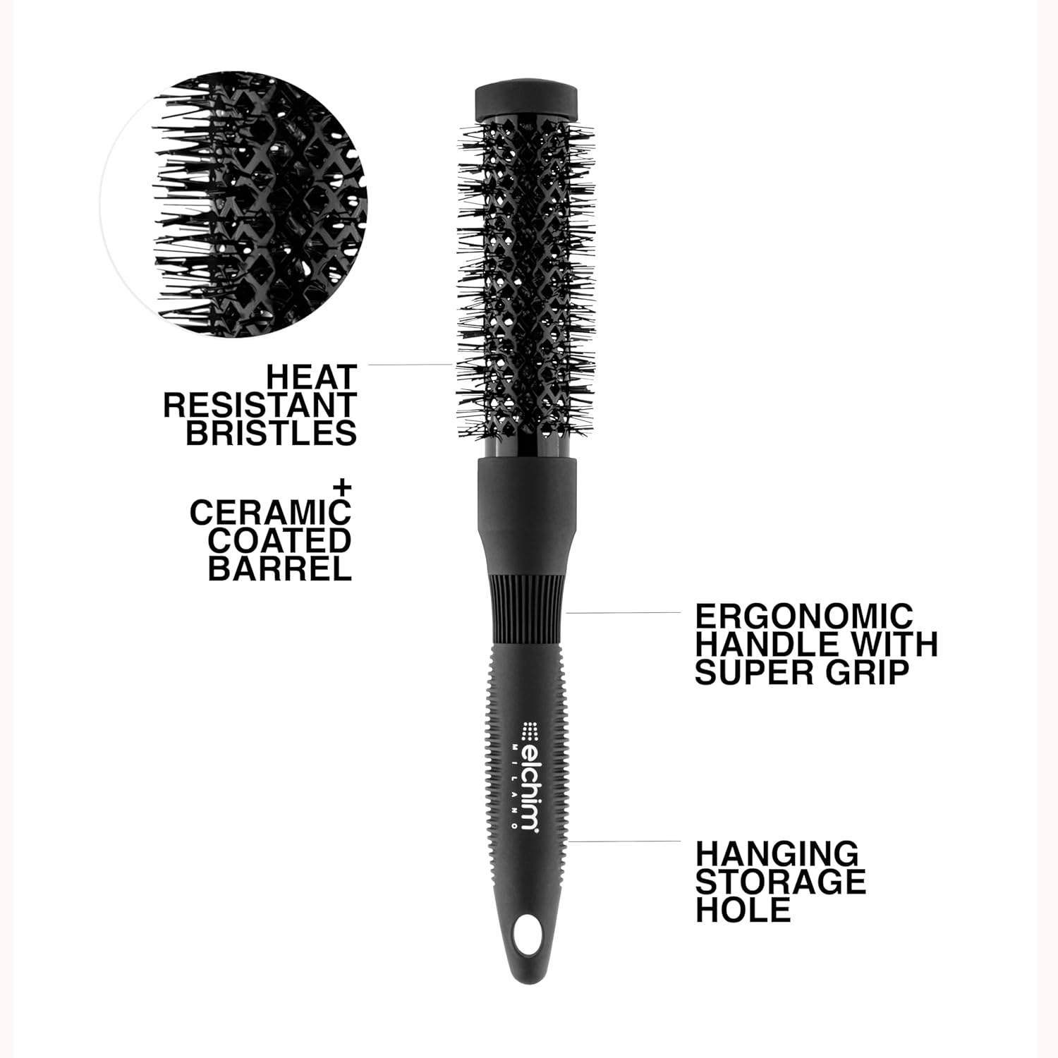 Elchim - Thermal Round Brush with Ceramic Barrel and Heat-Resistant Nylon Bristles - Lightweight Professional Styling Tool - 1'