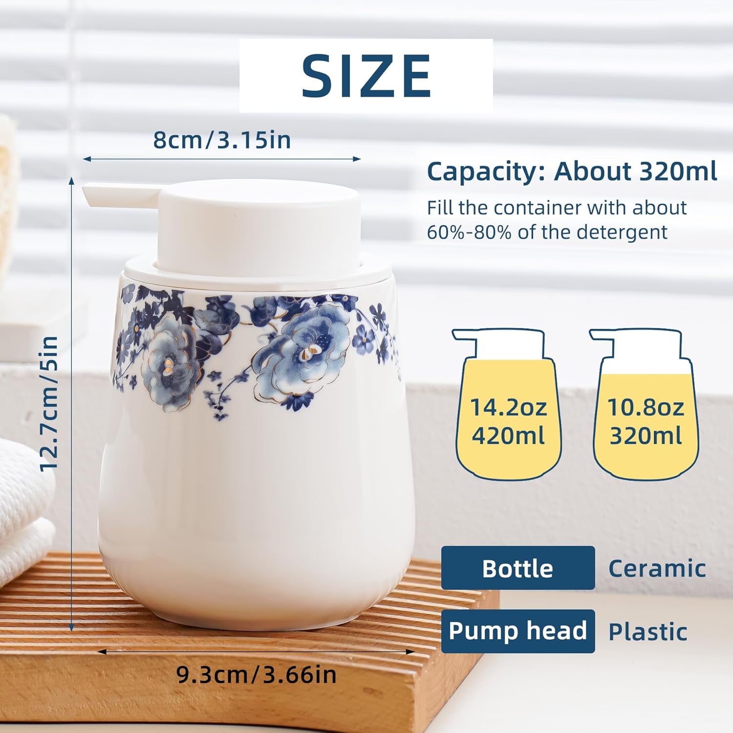 Soap Dispenser, Ceramic Foaming Soap Dispenser with Easy-to-Press Pump for Bathroom 10.8 oz refillable Liquid Hand soap Dispenser for Hand sanitizers, lotions (Blue Flower Foam Dispenser) - Image 2