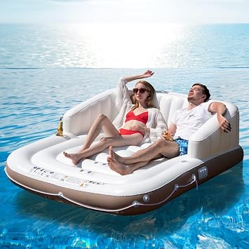 Tangkula Inflatable Pool Float, Giant Pool Lounger Floats 2 Adult Size with UPF50+ Retractable Sunshade, Ergonomic Backrest & Armrest, 2 Cup Holders, Heavy Duty Adult Sunbathing Pool Lounge Raft