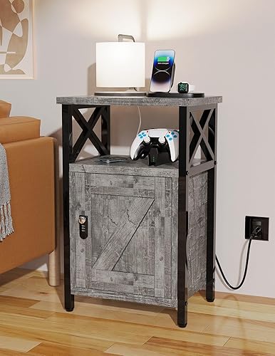 Miniatura 6 de Mesita de noche de madera con cerradura, mesa auxiliar de cama con cajones, mesita de noche con estación de carga, 3 USB y 2 tomas, mesita de noche