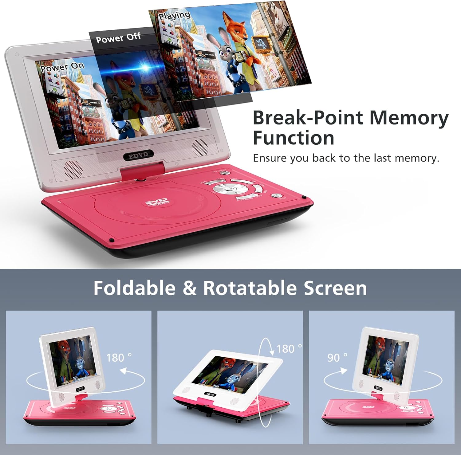 Image showing the SQQBZZ Portable DVD Player with its screen swiveled and folded, demonstrating its flexibility.