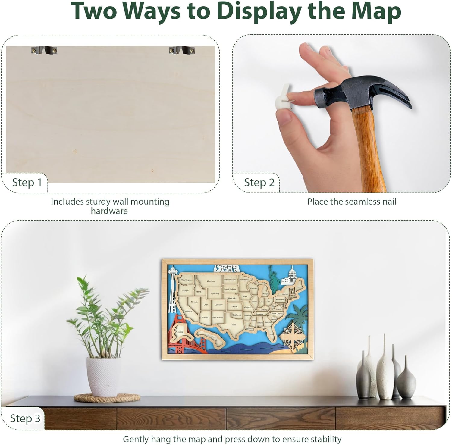 Wooden USA Travel Map- 3-Layer Real Wood State Map Tracker with Gift Box - Personalized Wall Art & RV Decor with Table Stand, Marker Pen & Adhesive Backing (Landmark, 16.5 x 11")