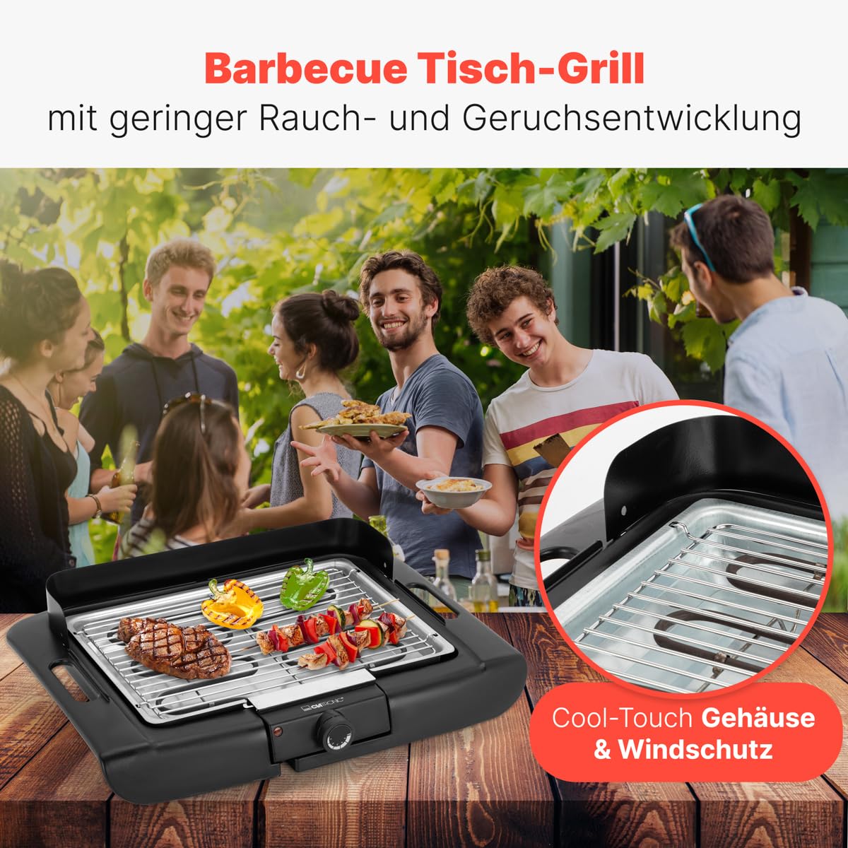 Clatronic Gril électrique BQ 3507, Barbecue de table,Indoor-Outdoor BBQ,petit,gril de table électrique pour balcon/camping/jardin,grille,protection contre le vent,surface de gril: 36x25 cm, 2000 watts