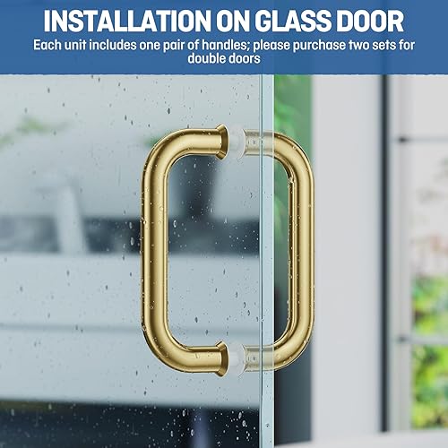 Miniatura 50 de Ranbo Manija tubular de puerta de ducha de 8 pulgadas (CTC) de oro pulido, acero inoxidable 304 de 1/4 a 1/2 pulgadas de grosor y puertas de madera