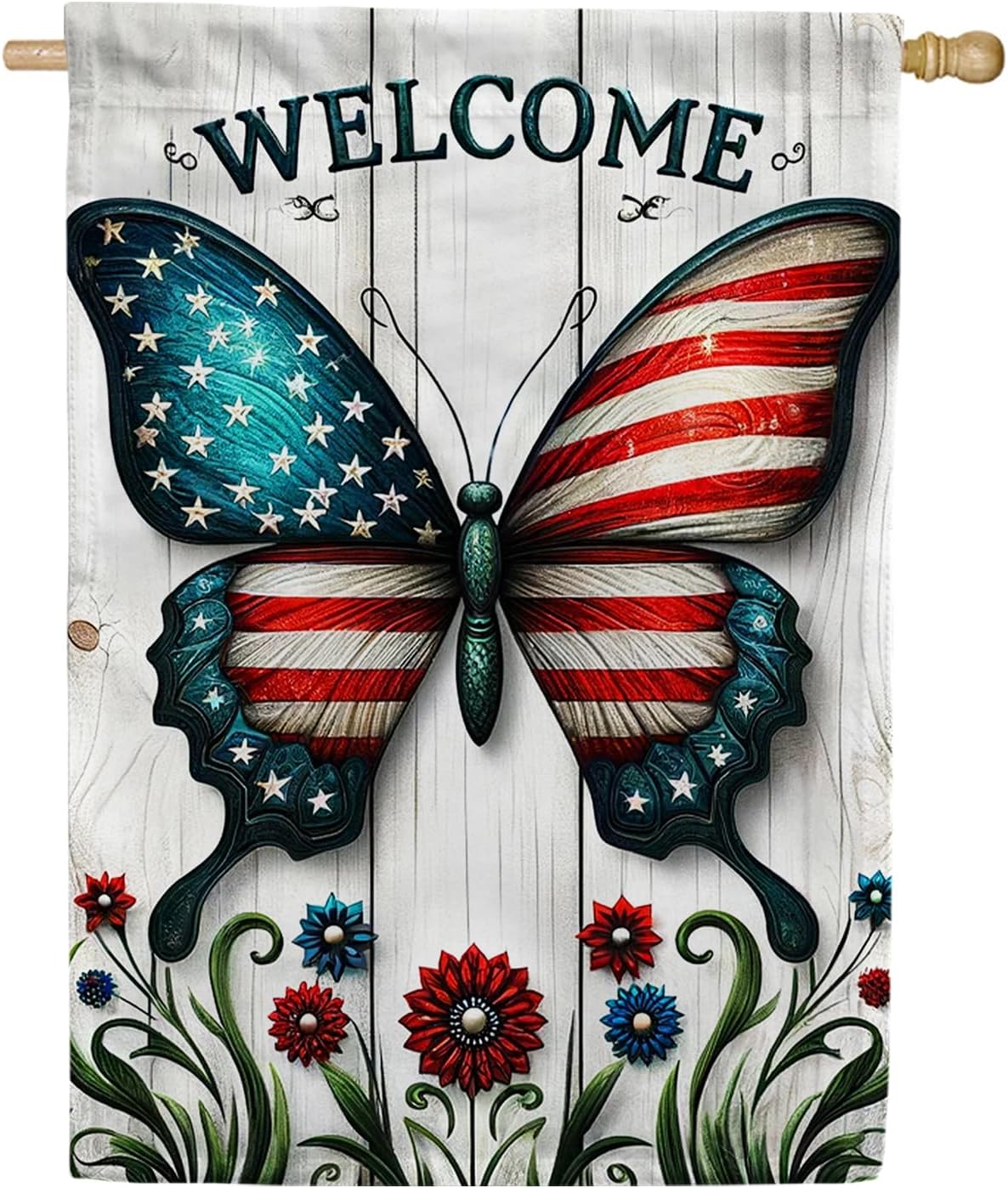 America Forever Patriotic Butterfly House Flag, 28x40 inch Double Sided, American 4th Of July Yard Flags for Outside Independence Day Fourth Decorations Outdoor Welcome Flag