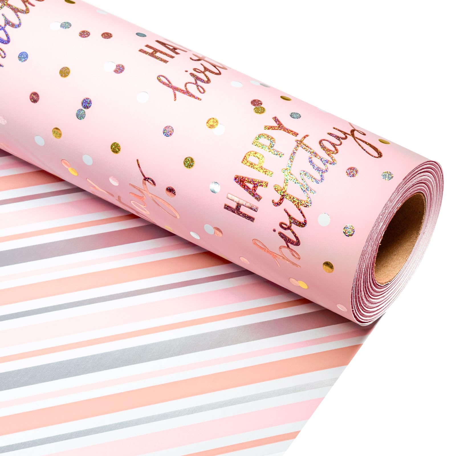 Wikadlik Birthday Wrapping Paper, Elegant Pink Happy Birthday Lettering Cute Dots Gift Wrap Paper Roll for Party Celebration - 43cm x 10m