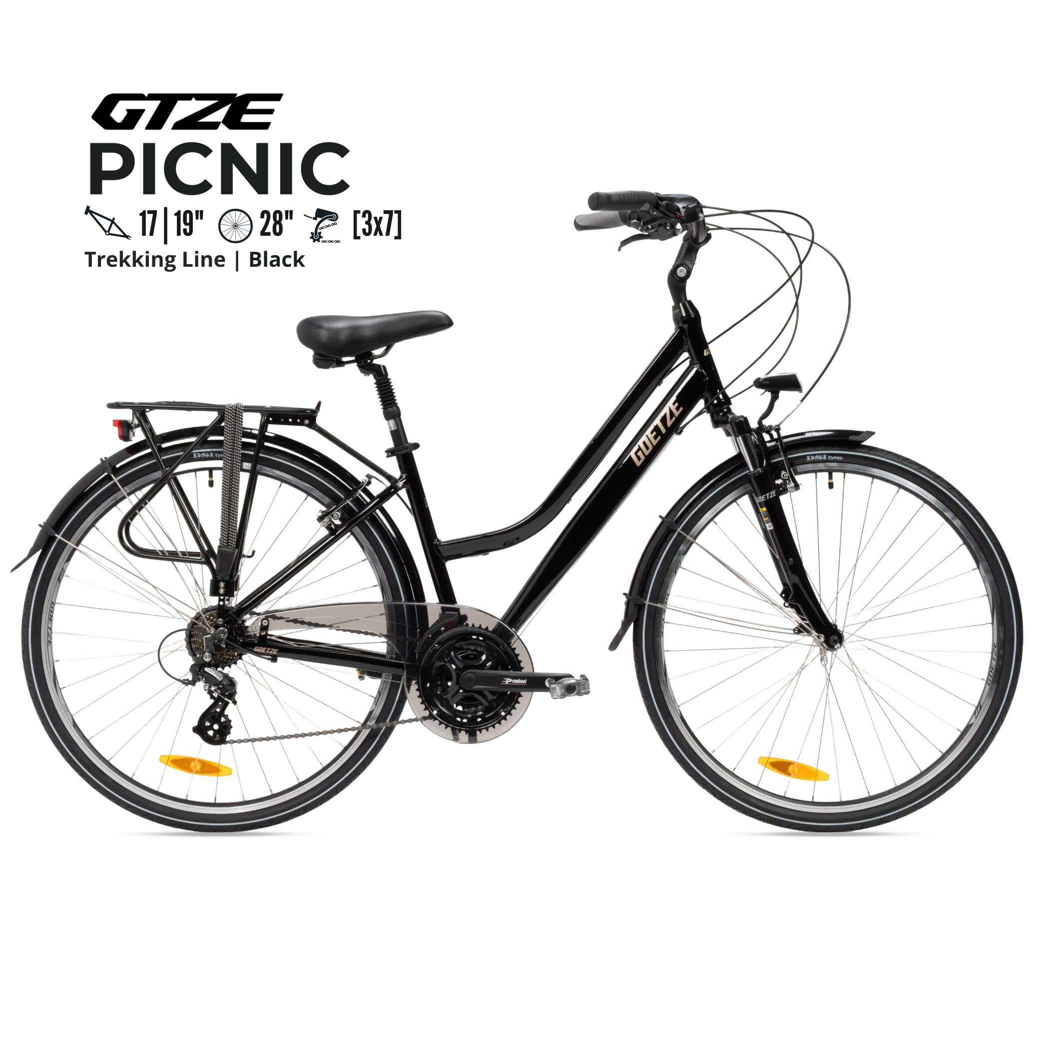 Goetze Picnic 28 Zoll Damen Trekkingrad, Aluminium Rahmen 17/19 Zoll, Shimano 21-Gang Schaltung, Federgabel, Verstellbarer Vorbau, Gefederte Sattelstütze, LED-Beleuchtung, Gepäckträger