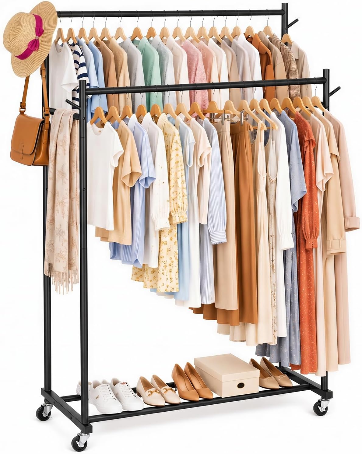 Portable Clothing Rack with Double Rods for Hanging,360° Lockable Wheels,