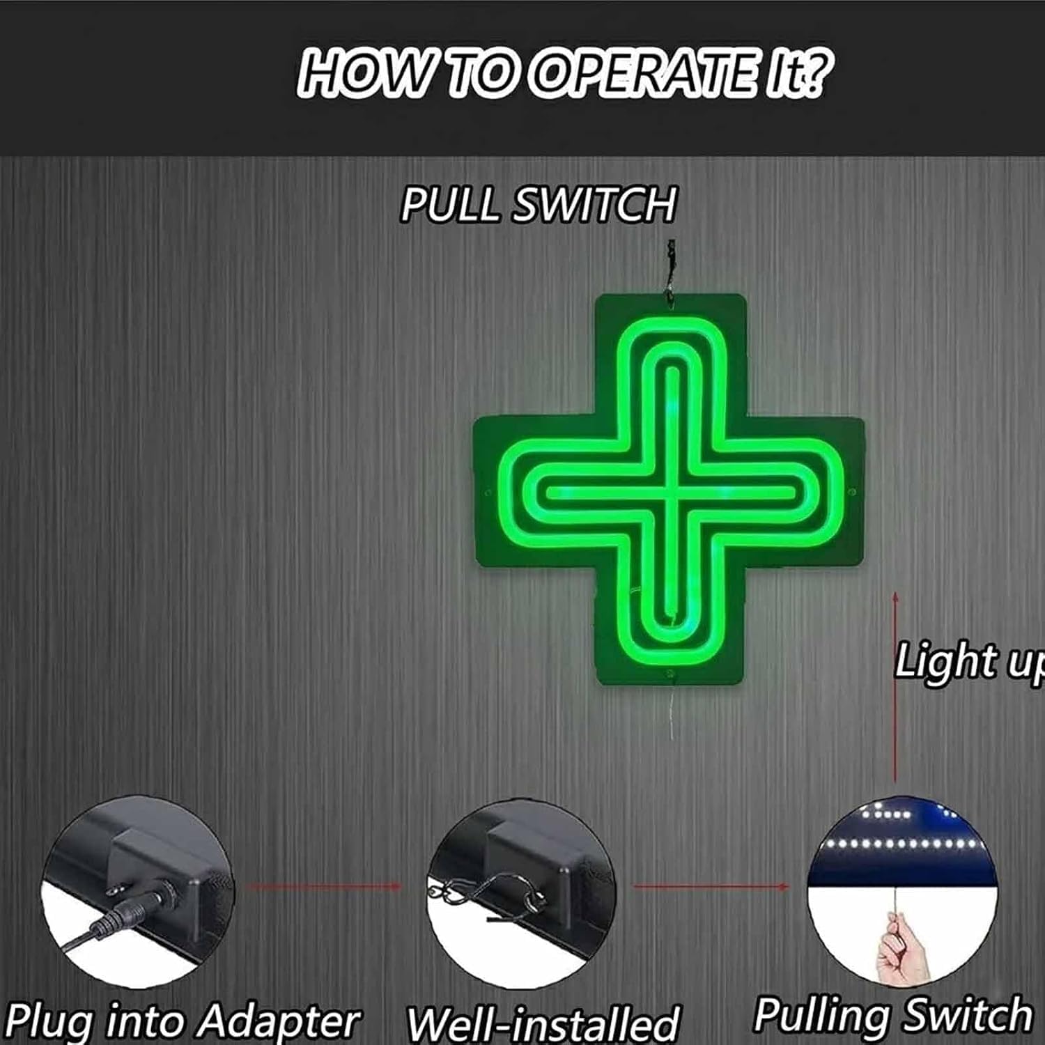 Letrero Led En Forma De Cruz para Uso Médico, 11,8 X 11,8 Pulgadas, Lámpara para Farmacia, 2 Modos De Funcionamiento (Siempre Encendido/Apagado), con Cadena para Colgar, Color Verde, para
