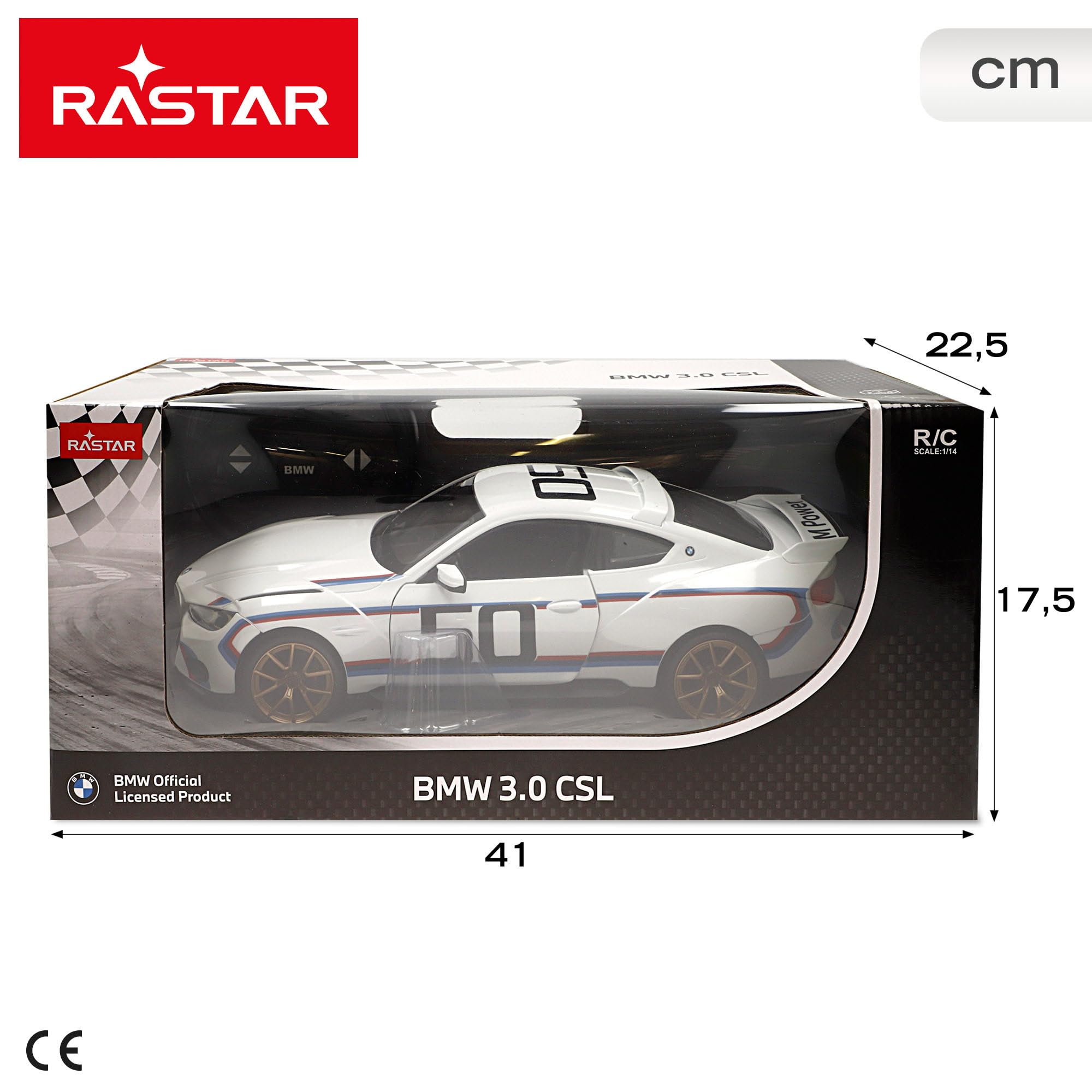 COLORBABY RASTAR Samochód zdalnie sterowany BMW 3.0 CSL, oficjalna licencja, skala 1/14, 2,4 GH.z, 6 kierunków, zasilany bateryjnie, samochody zdalnie sterowane, zabawki od 6 lat (41289)