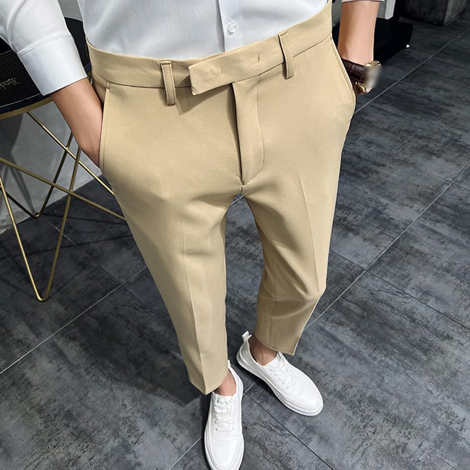 Men Draping Non Ironing Pencil Pant Summer Ankle-Length Lightweight Trousers Classic Business Cropped Dress Pant