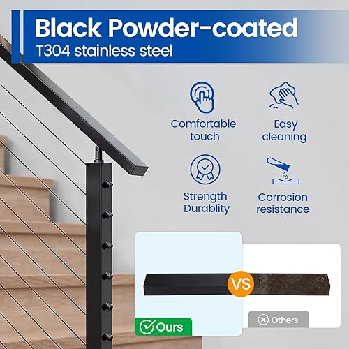 Miniatura 4 de Muzata Pasamanos de acero inoxidable preperforado de 6 pies 6 pulgadas con tapa de extremo de conector de extensión para fácil instalación,