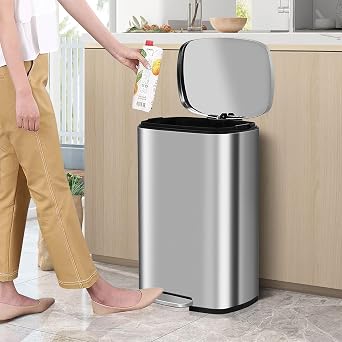 Kitchen Bathroom Trash Can, Bathroom Trash Cans with Lids, Stainless Steel Trash Can 13 Gallon, Step Trash Can Kitchen, Soft Close Garbage Can, 13.2 Gallon / 50 Liter Sliver