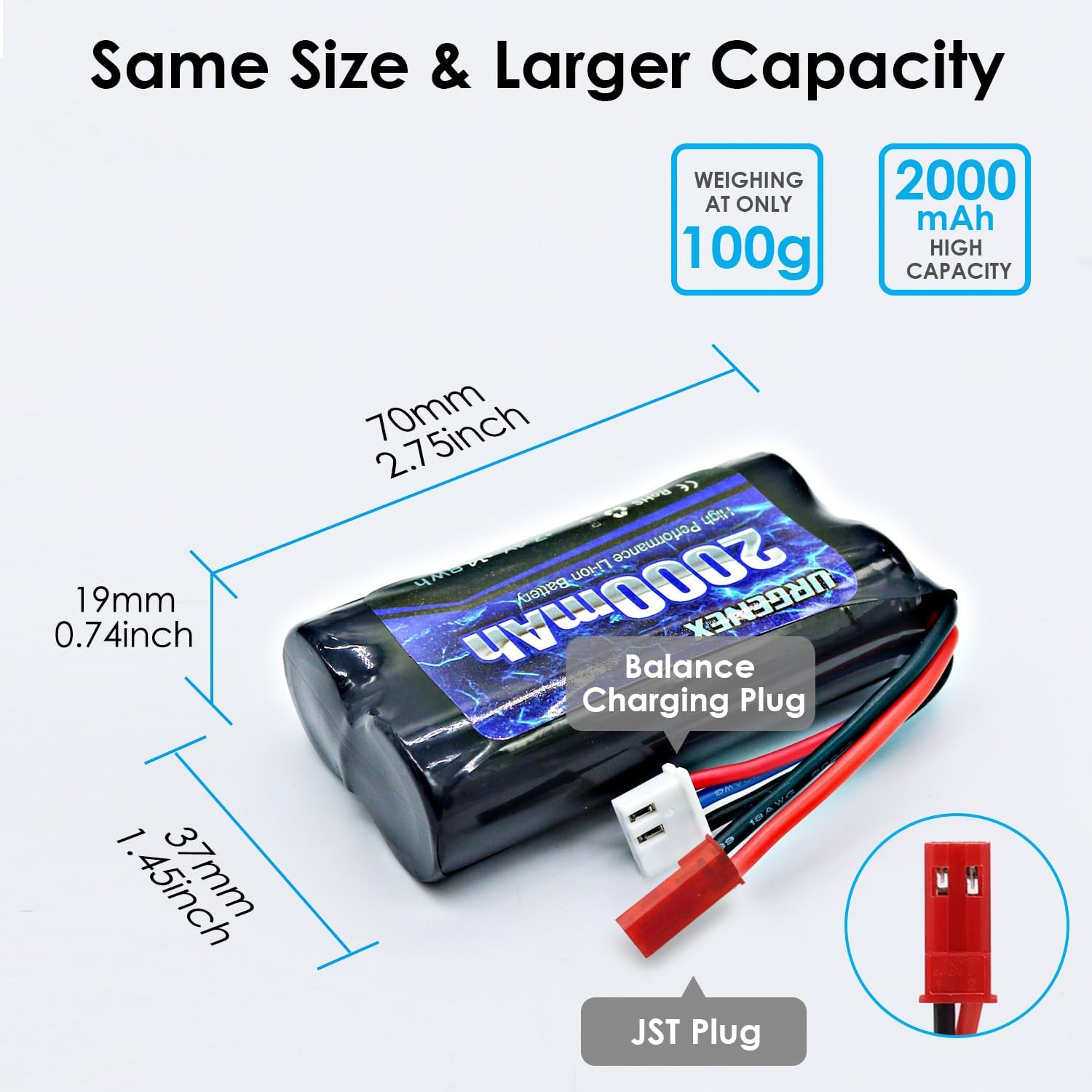 URGENEX 2000mAh Battery Dimensions