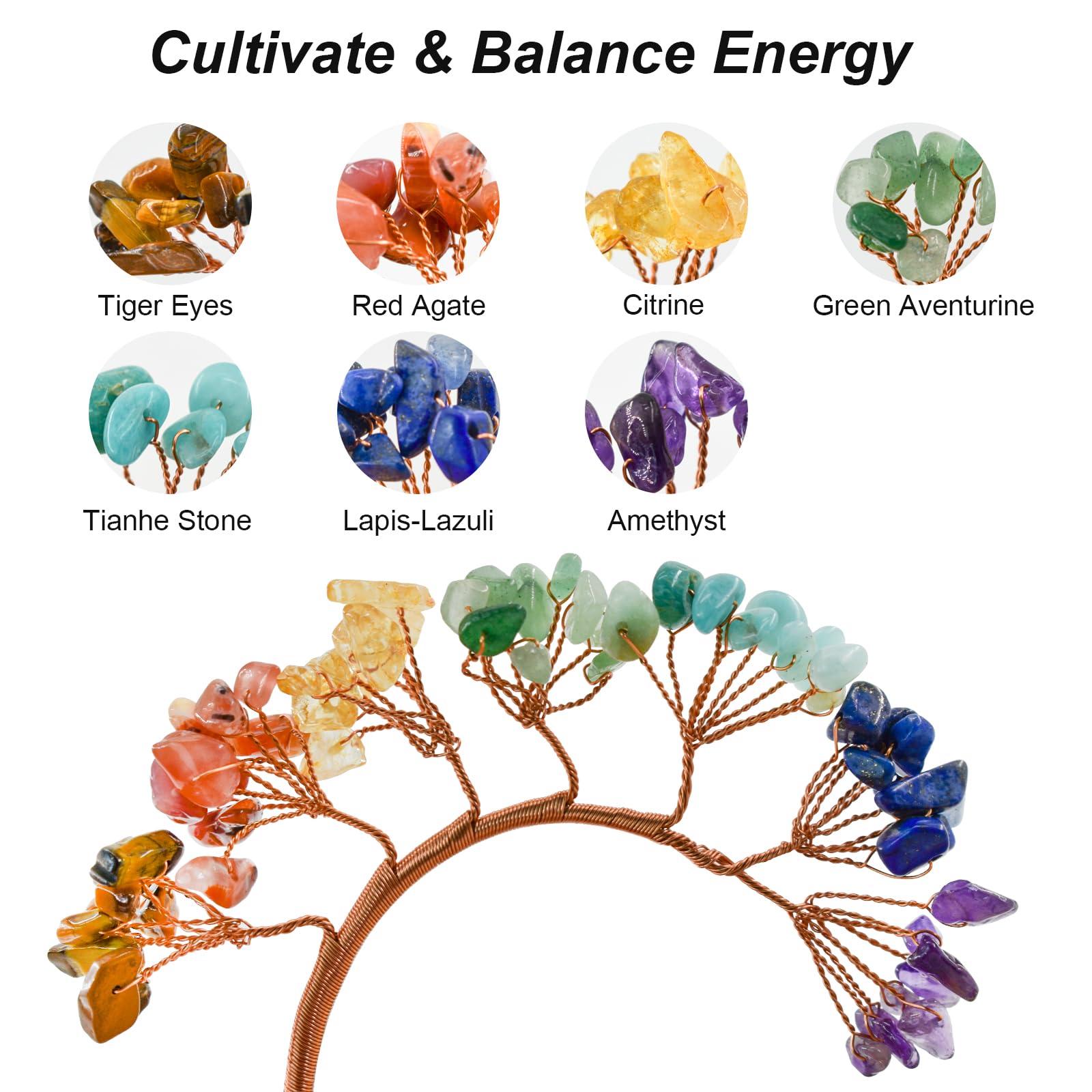 Bruciatore di incenso 5 in 1, 7 chakra, in cristallo, a forma di albero, per bastoncini di incenso, in ottone, per yoga, meditazione, decorazione per la casa (rotondo)