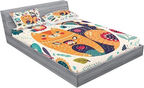 Miniatura 198 de Ambesonne Juego de sábanas bajeras y fundas de almohada con diseño de gato durmiendo en luna creciente, estrellas, sueños nocturnos, juego de ropa