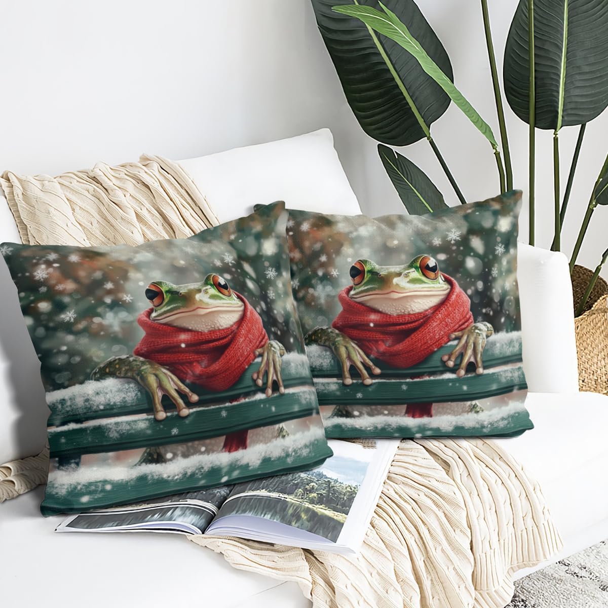 Winter Frog Decorative Throw Pillow Covers 28x28 Set of 2, Snowflake Porch Outdoor Pillowcase, Sofa Couch Cushion Case Home Decor