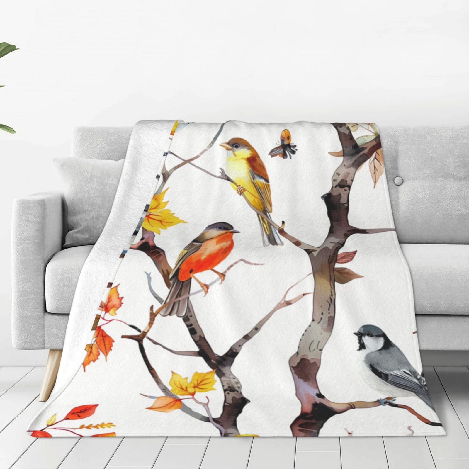 Mexpekil Fleece Throw Blanket Super Soft and Warm Blankets Fall Autumn Maple Leaves With Birds Lightweight Fluffy Plush Bed Blanket for Bedding Sofa Chair Camping, All Season Use 40"x30"