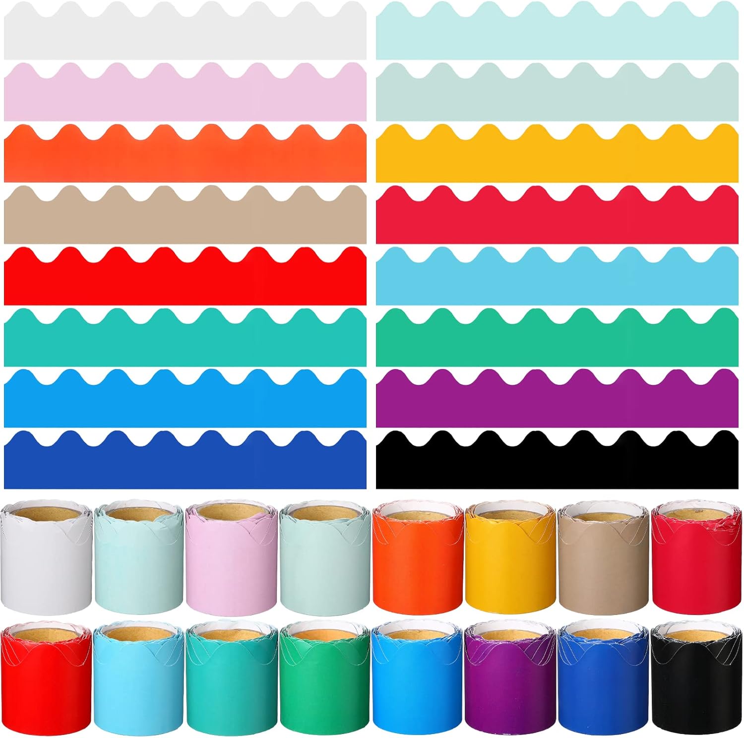 Leinuosen 16 Pack Scalloped Bulletin Board Borders Set Colorful Rolled Scalloped Border Trim Plain Bulletin Board Border for Desks, Locker Displays, Home or Classroom Decoration, 16 Colors