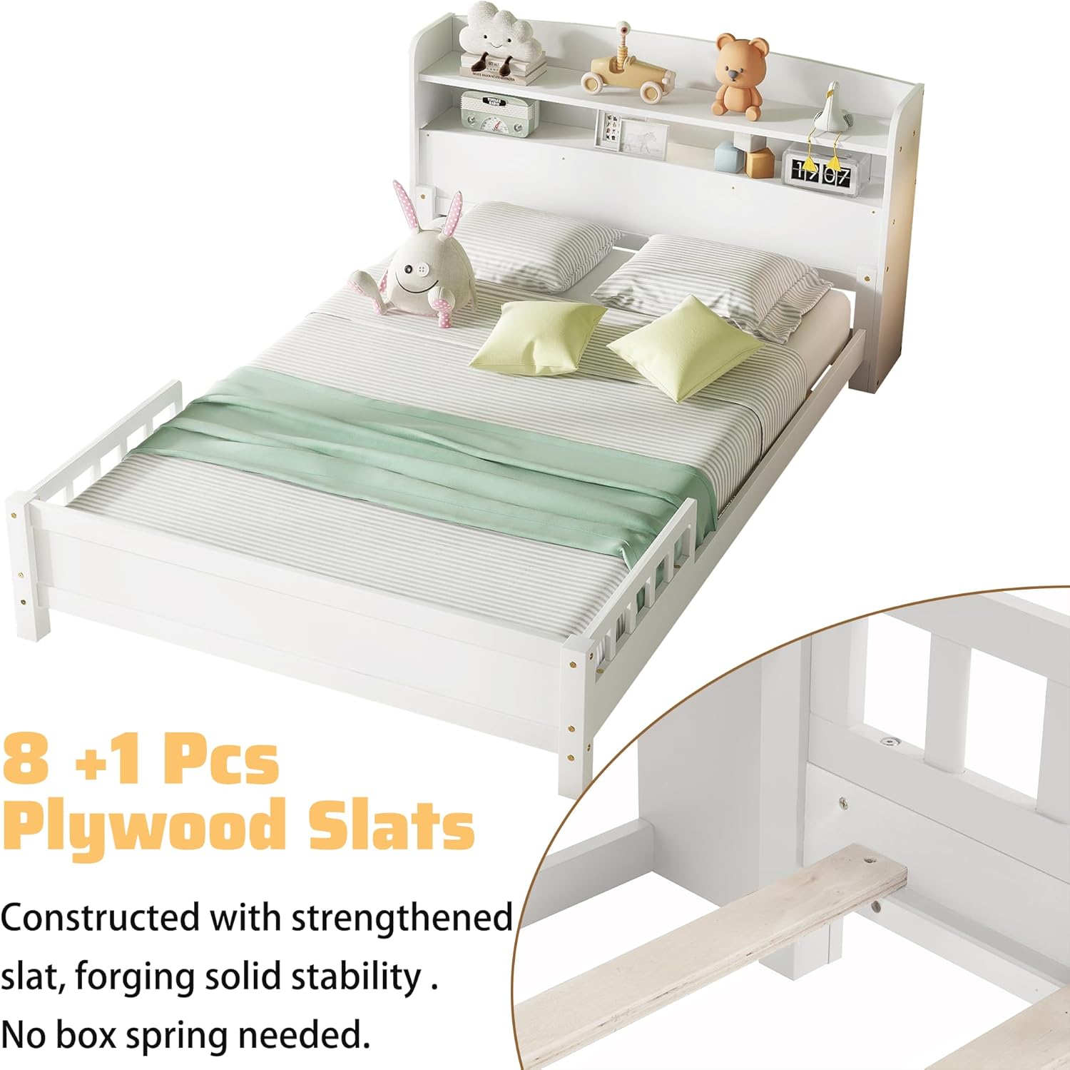 Full Bed Frame for Kids with Rails,Wood Full Bed with LED Lights and Storage Headboard,Full Size Platform Bed with Slats Support for Girls Boys,No Box Spring Needed,White