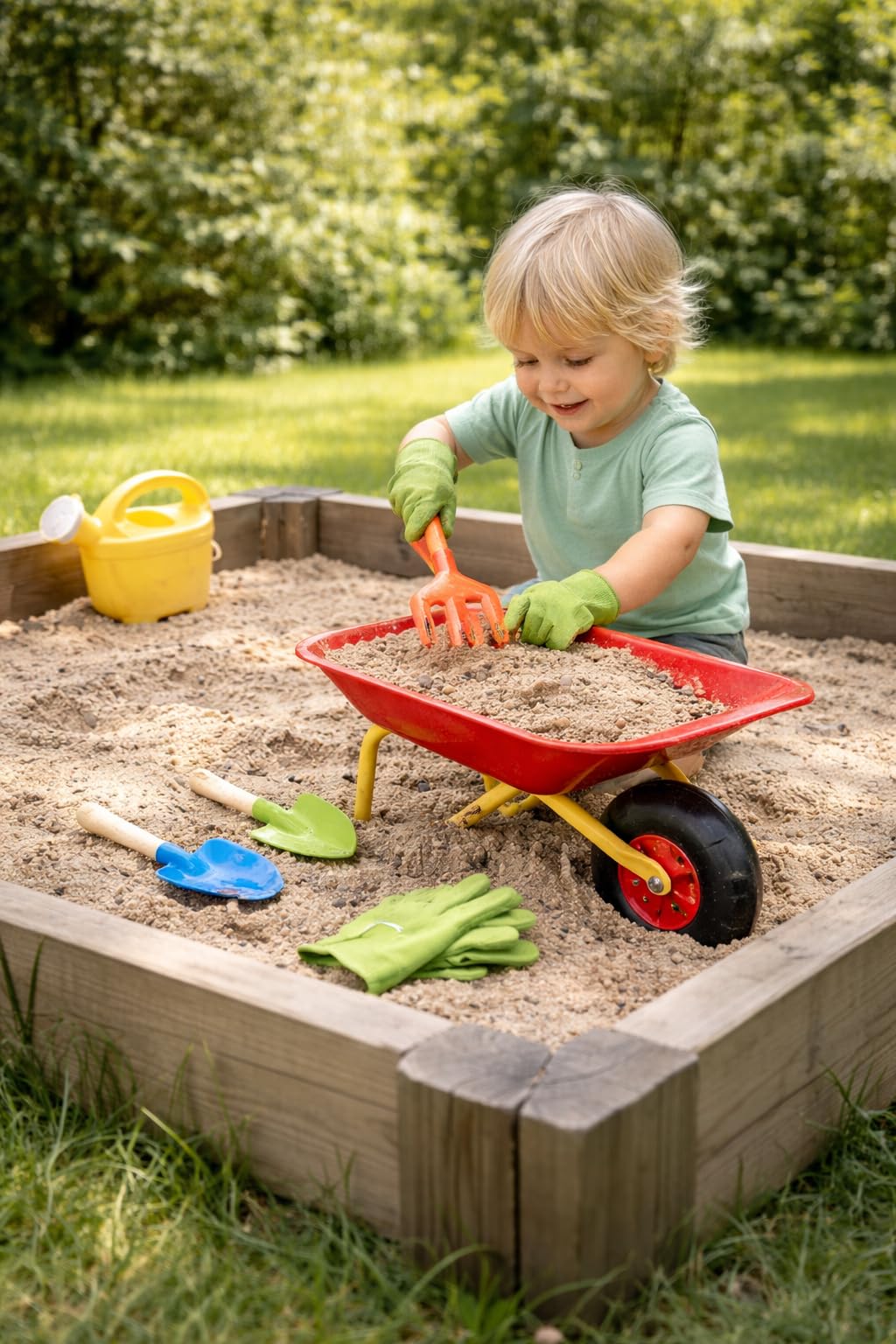 Kinder Schubkarren Set 7-Teile Metall & Holz Gartenspielzeug mit Schubkarre, Schaufel, Harke, Forke, Gießkanne & Handschuh stabile Spiel-Schubkarre rot/gelb Outdoor Spielzeug für Kinder ab 3 Jahren