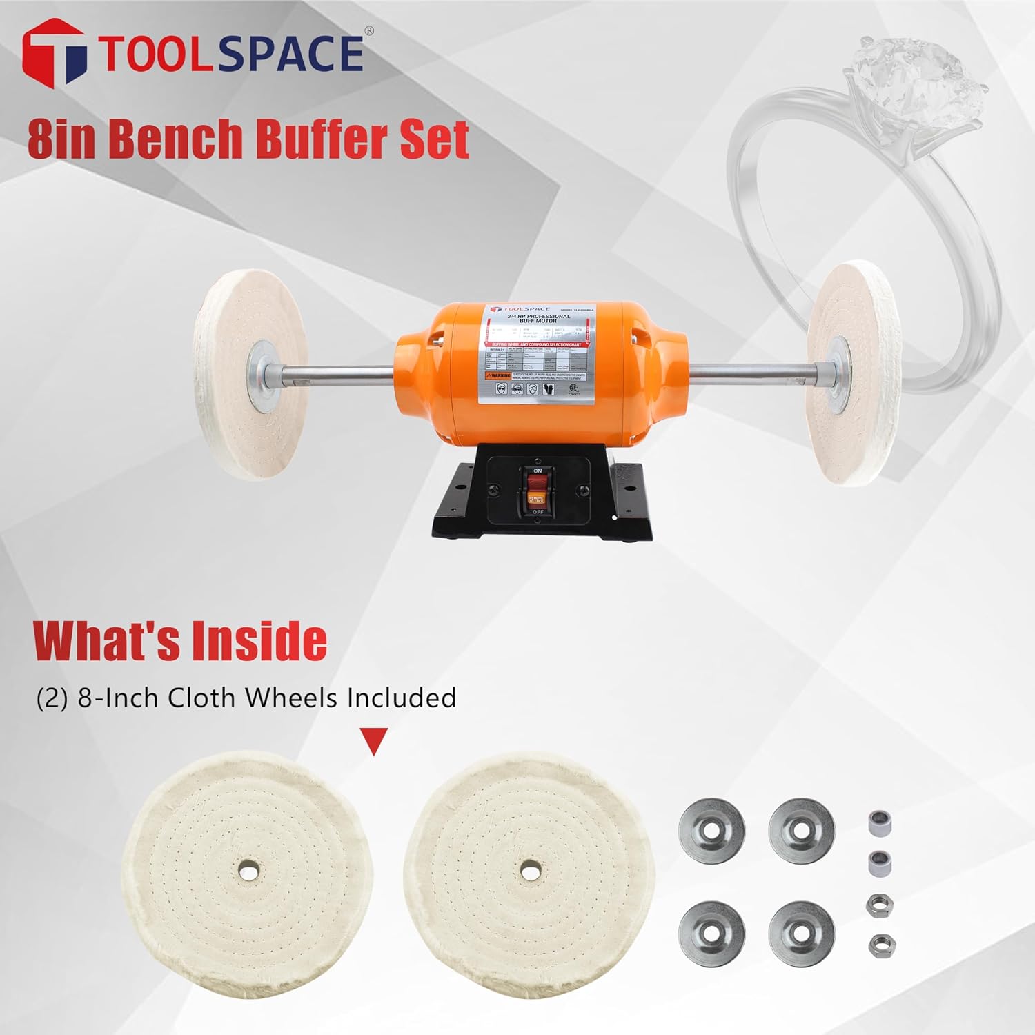 TOOLSPACE 8" Bench Buffer Polisher, 3/4 HP 3450 RPM, Dual Cloth Wheels for Knife Sharpening, Jewelry Polishing, Metal & Wood Finishing