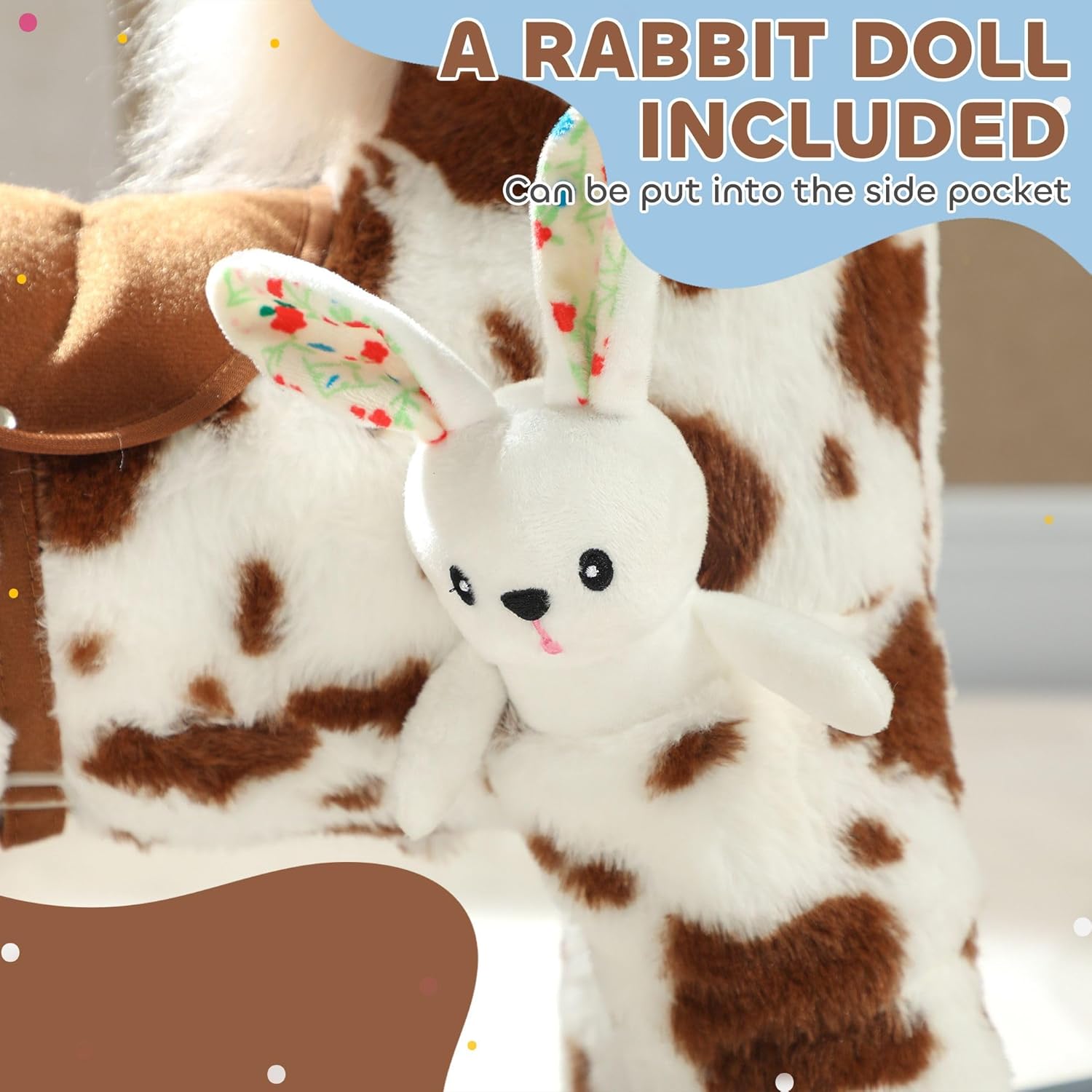 88lb-Support Rocking Horse: 28in L x 10.2in W x 21.7in H, Metal + Poplar Construction, Squeeze-Ear Neigh Feature, Soft Plush Body, Brown & White, ASTM/CPSIA, Ages 1+