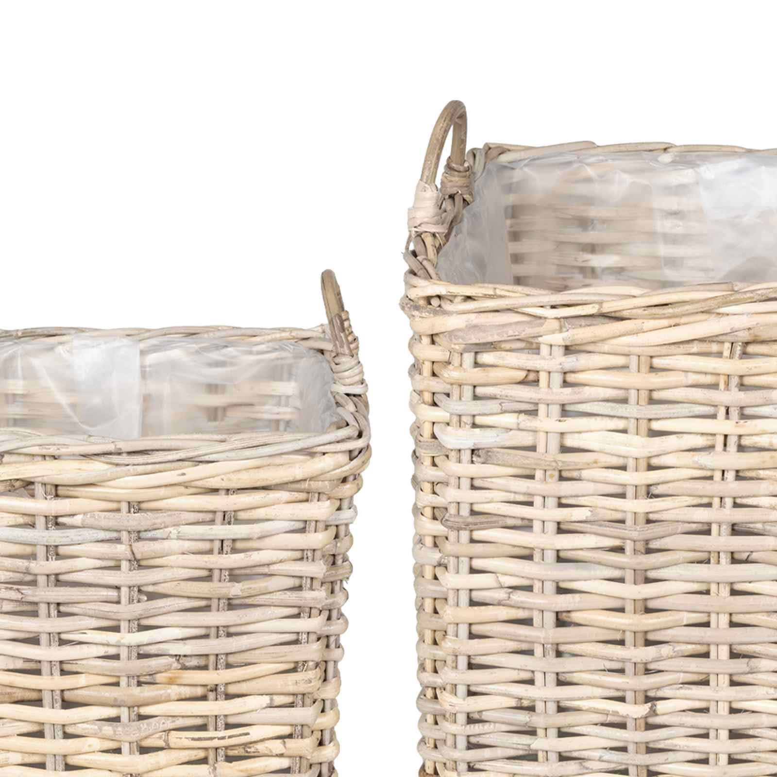 Juego de 2 macetas con almacenamiento de mimbre Kubu en gris natural para interior y exterior, plegable, con revestimiento interior impermeable, ideal para plantas, decoración