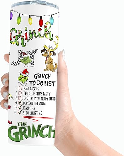 Miniatura 2 de Vaso delgado de Navidad de 20 onzas con popote de doble pared regalo de vacaciones de invierno The Grinch