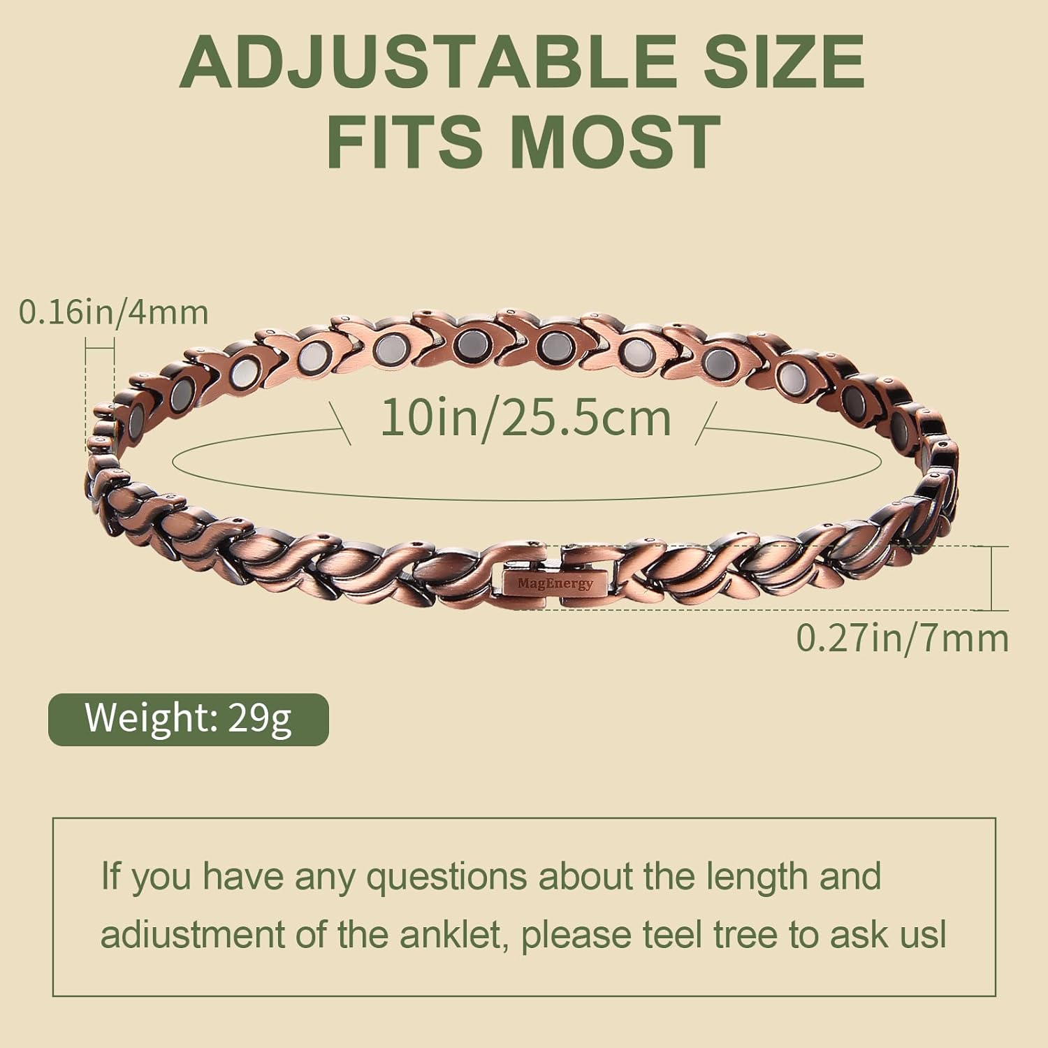 MagEnergy Copper Ankle Bracelet for Women - 99.9% Pure Copper Magnetic Anklets with 3500 Gauss Magnets - 10 Inch Adjustable Fishtail Anklets Jewelry Gift - Image 3