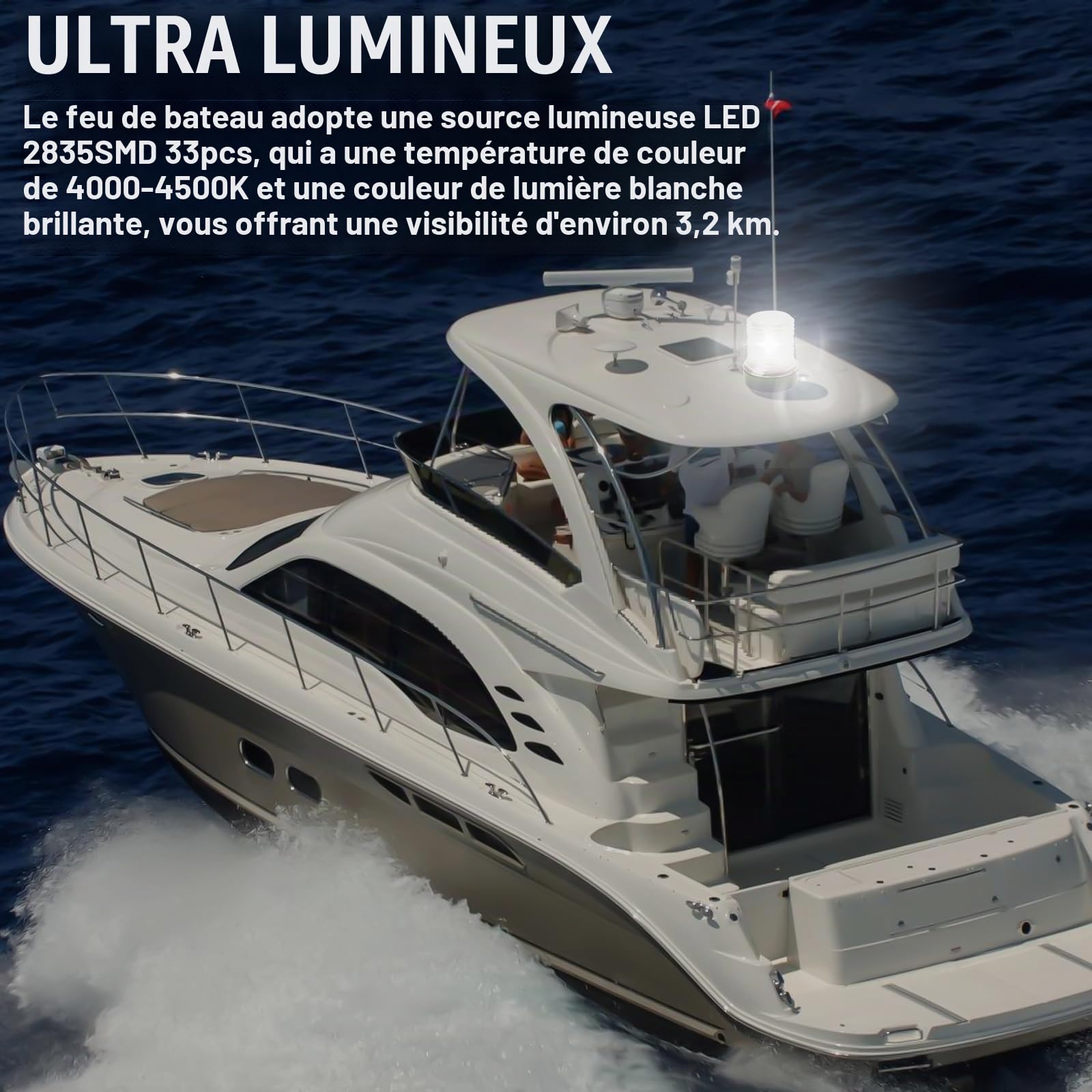 GBKDQQ Feu de mouillage marin, feu de navigation LED 12-24 V pour bateaux et yachts, éclairage à 360°, étanche IP66, feu de signalisation, lumière blanche