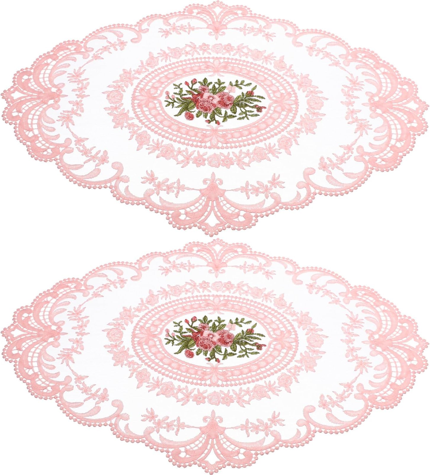 2pcs Lace Doilies Milk Silk Embroidered Table Placemats Table Mats Placemats Table Topper for Wedding Birthday Dinner Party Decor 16 x 11'' Pink