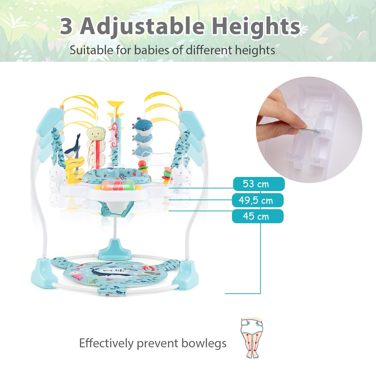 LIFEZEAL Jumperoo Bebe avec Siège Pivotant 360° & Amovible, Sauteur Bébé Hauteur Réglable 3 Niveaux, Centre Jeux, Lumière & Musique, 9 Jouets, Charge 12 kg, Base d'activité et d'éveil (Bleu Clair)