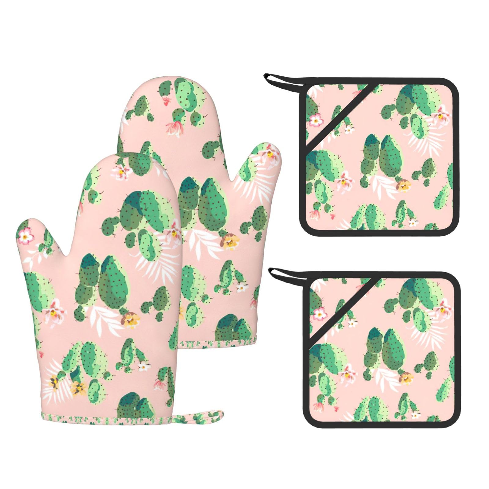 Eeprty Black Cactus Pattern Printed Kitchen Oven Gloves And Potholder 4 Pcs, Non-Slip Heat Resistant Mitts For Baking Chef
