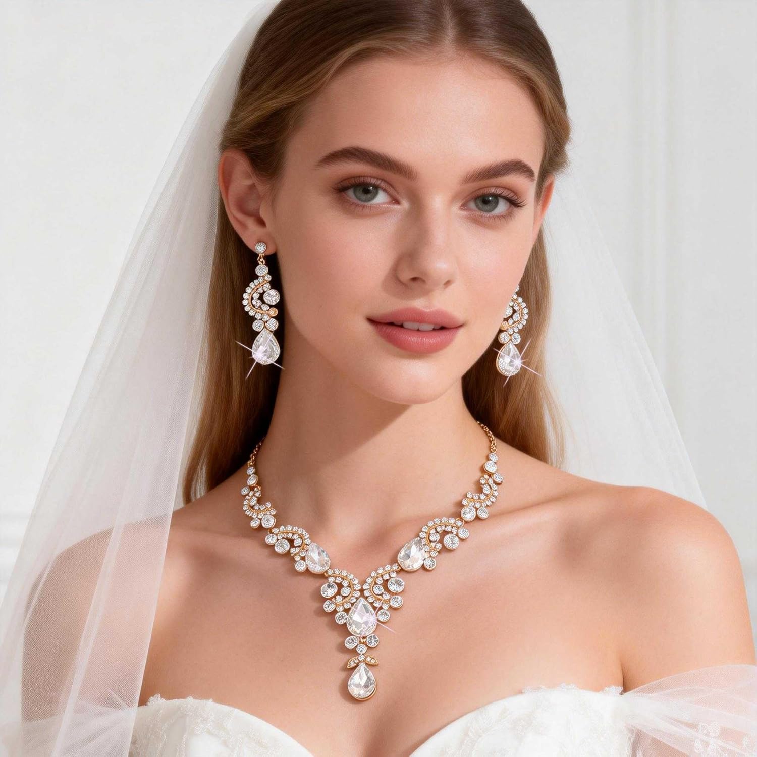 Kamirola Bride Silver Bridal Necklace Earrings Set Crystal Wedding Jewelry Set Rhinestone Choker Necklace for Women Brides,Bridesmaids Wedding Prom Party(Set of 3) - Image 2