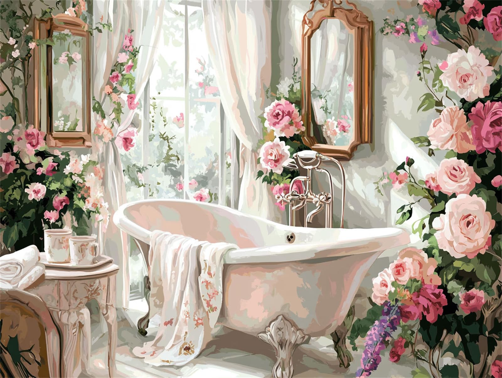 Baño Pintura por Números, Flores Pintar por Numeros Adultos, Cuadros para Pintar por Numeros para Niños Principiantes con Pinturas Acrilicos, para Hogar Decoración de Casa Pared 60x90cm, Sin Marco