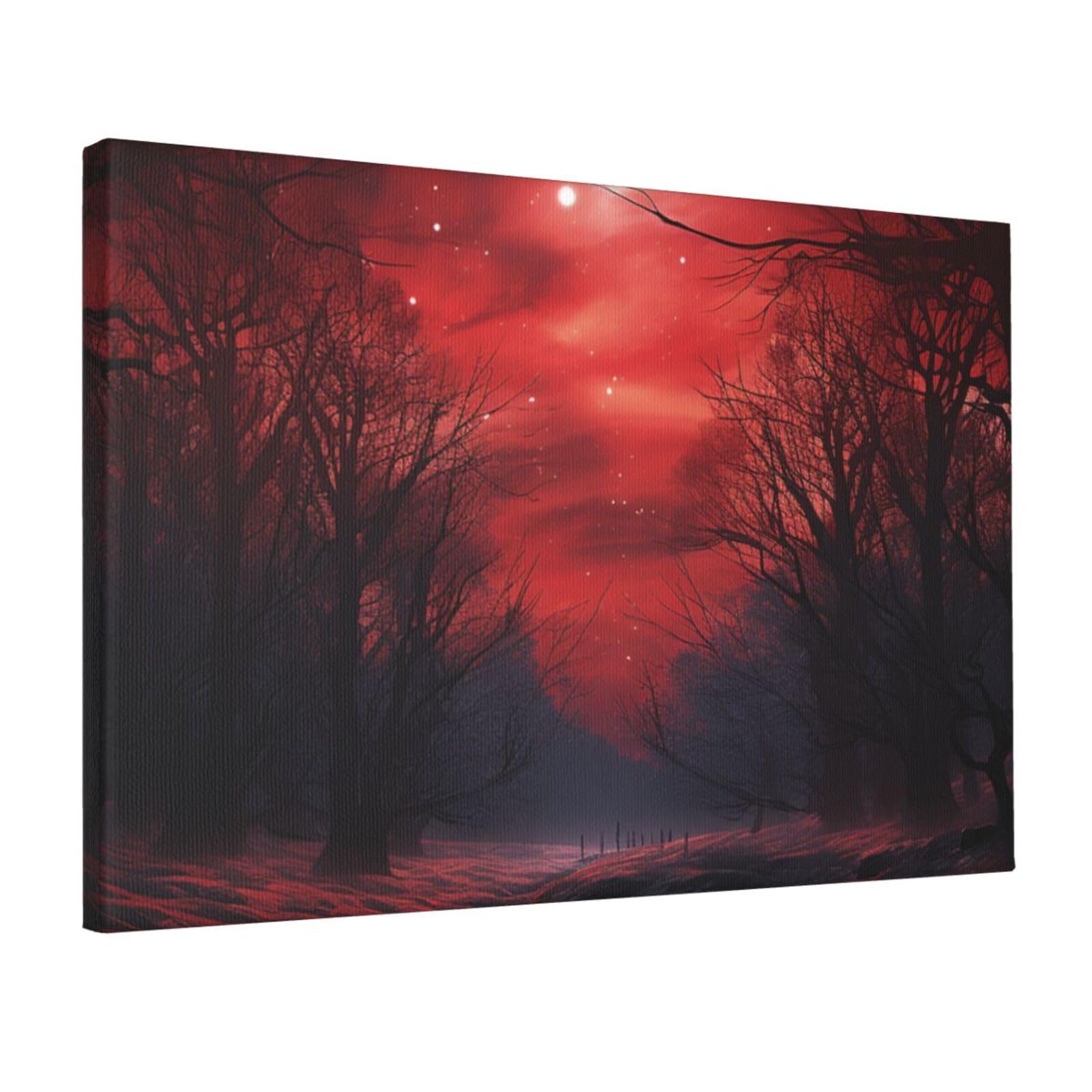 Canvas Wall Art for Living Room Wall Decor 12"x18" Modern Artwork Painting Pictures Hanging Canvas Prints Red Forest Night Sky Aesthetic Wall Art for Bedroom Bathroom Office Wallart Decor