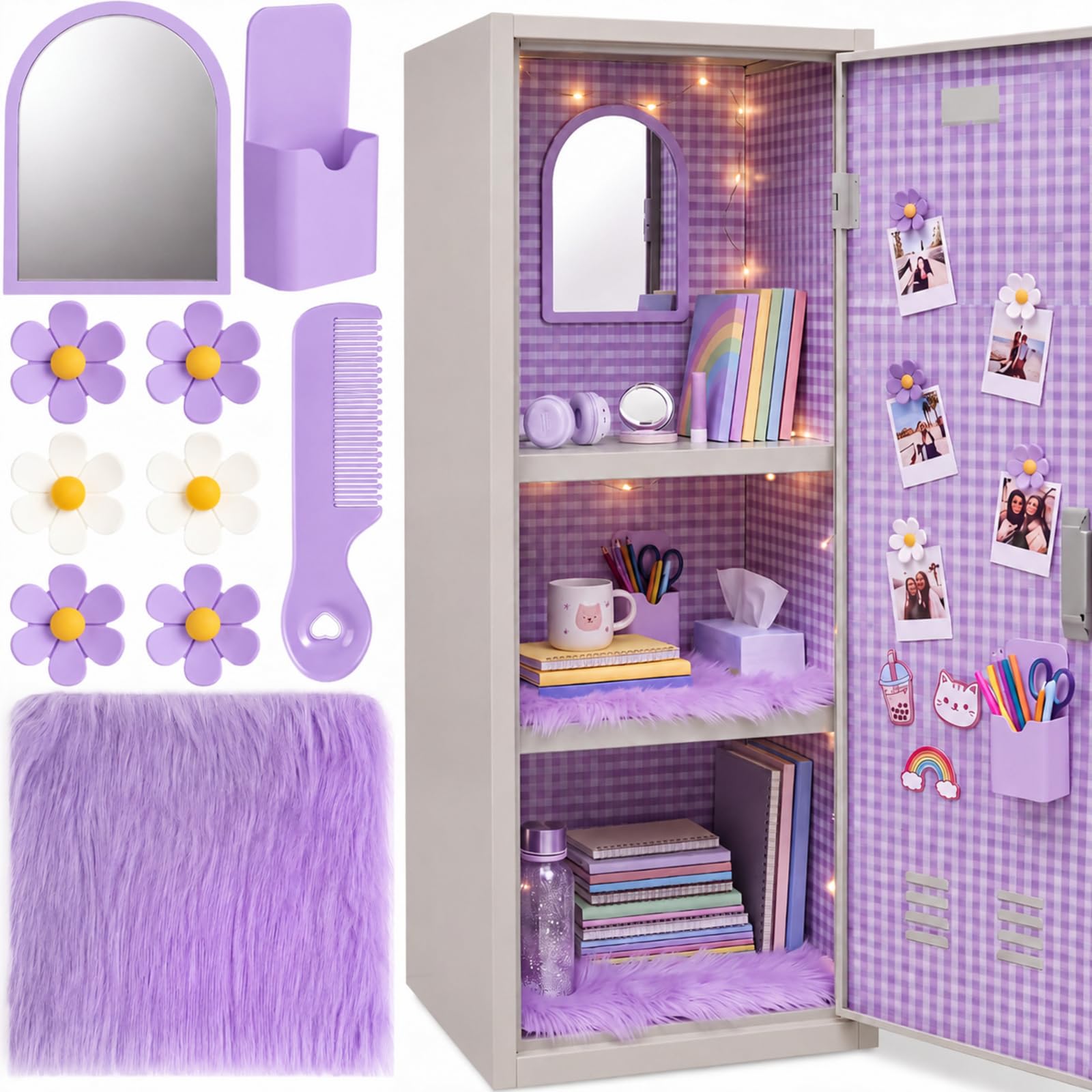 RattanView 10 Pcs Locker Decorations Kit Magnetic Acrylic Mirror Plush Rug Comb Flower Magnets Pen Holder for Back To School Students Office Gym Work Locker Accessories Organized(Purple)