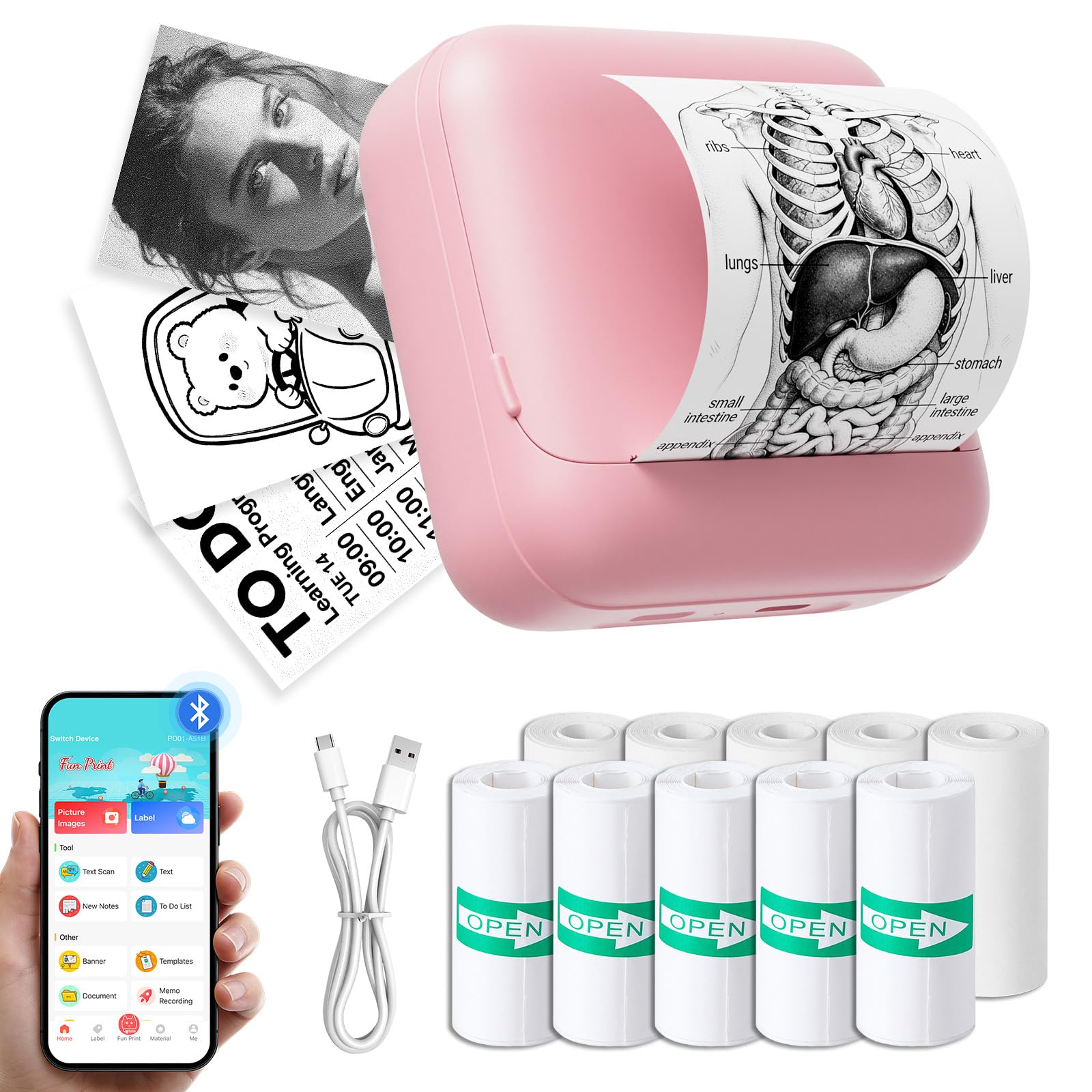 tenwin Mini Thermal Printer with 11 Rolls Printing Paper, Portable Bluetooth Inkless Printer Compatible with iOS & Android, Instant Print for Study, Note, DIY, Journal (Pink)