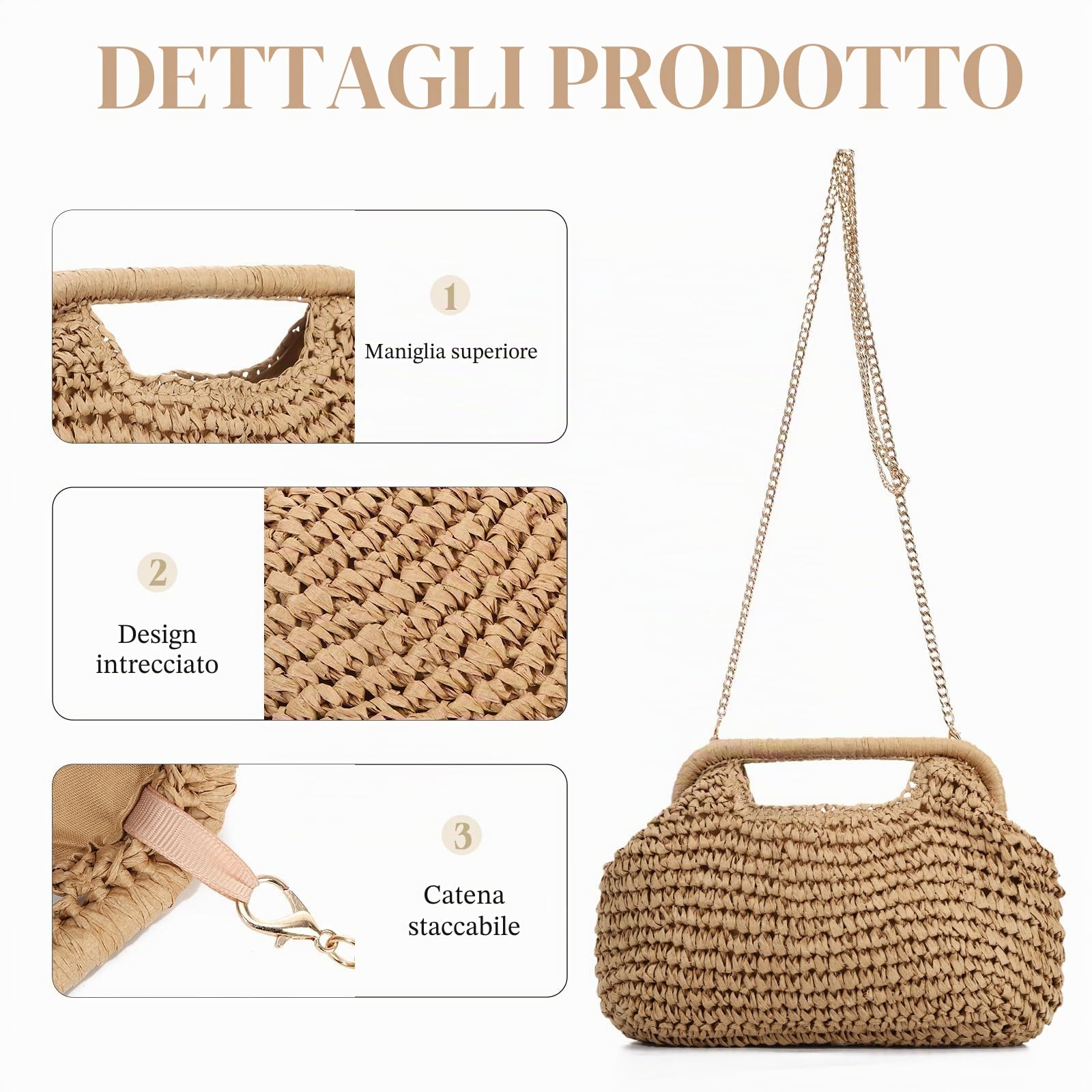 EVEOUT Pochette in Paglia con Catena Donna Boho Clutch da Sera Matrimonio Festa in rafia Sintetica Borsa Intrecciata per Spiaggia Quotidiano Estivo