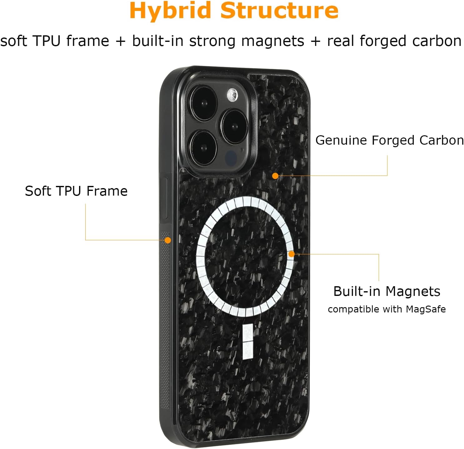 molzar Grip Series for iPhone 14 Pro Max Case with Real Forged Carbon Fiber, Built-in Magnet Ring for Magnetic Mount, Compatible with MagSafe Chargers and Accessories, Glossy Black/Forged