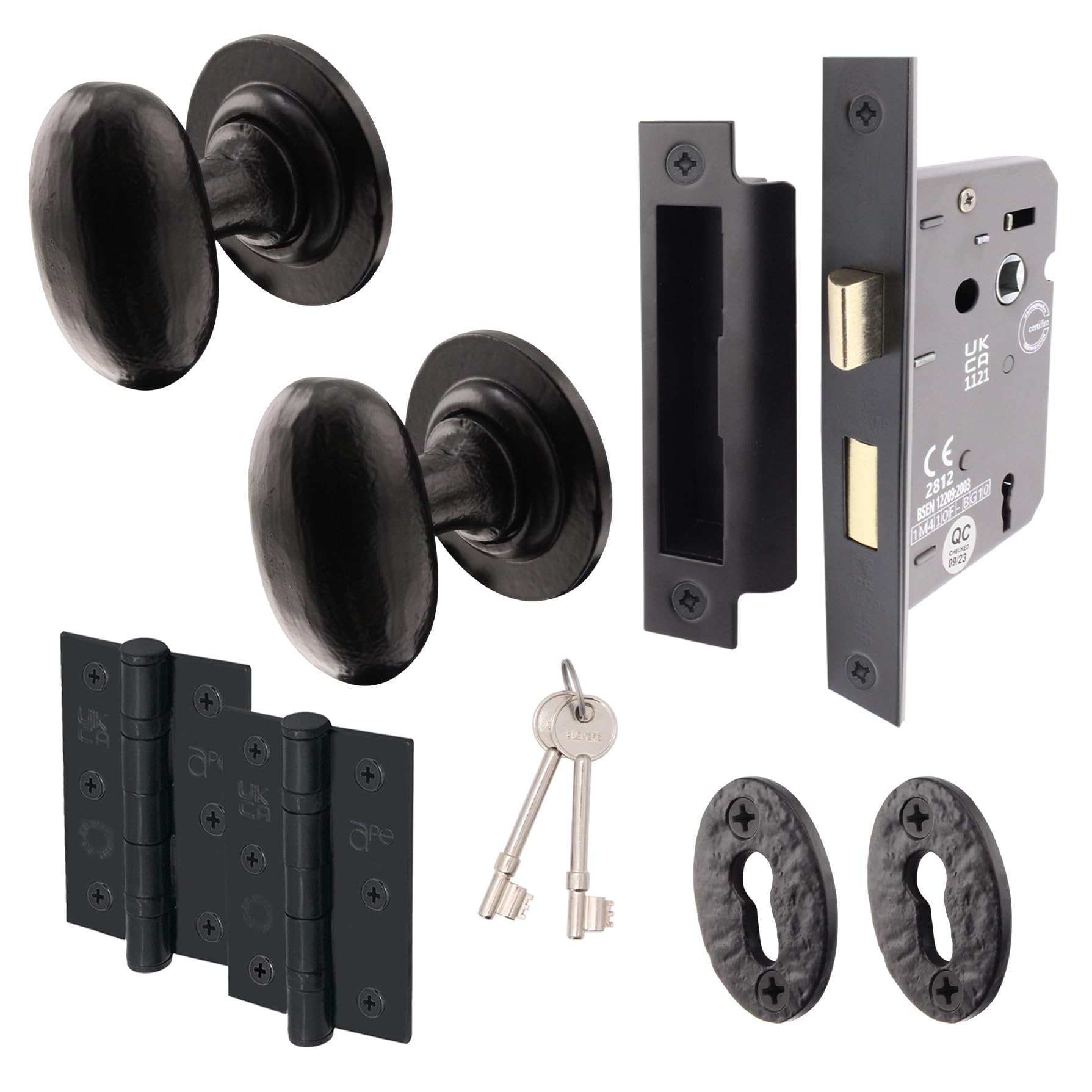 Eai Black Iron Keylock Door Knob Set - 1 Pair Of Cast Iron Antique Oval Mortice Knobs, Sash Lock (80Mm) & Hinges (76Mm)