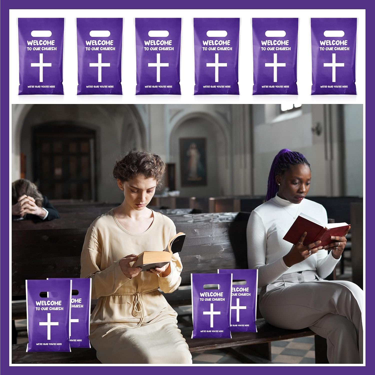 Cholemy 100 Pcs Welcome To Our Church Treat Bags Church Candy Bags with Handle Christian Events Plastic Goodie Colorful Baptism Easter Wedding Party Supplies and Gifts Wrapping, 9.84''x6.5''(Purple) - Image 5