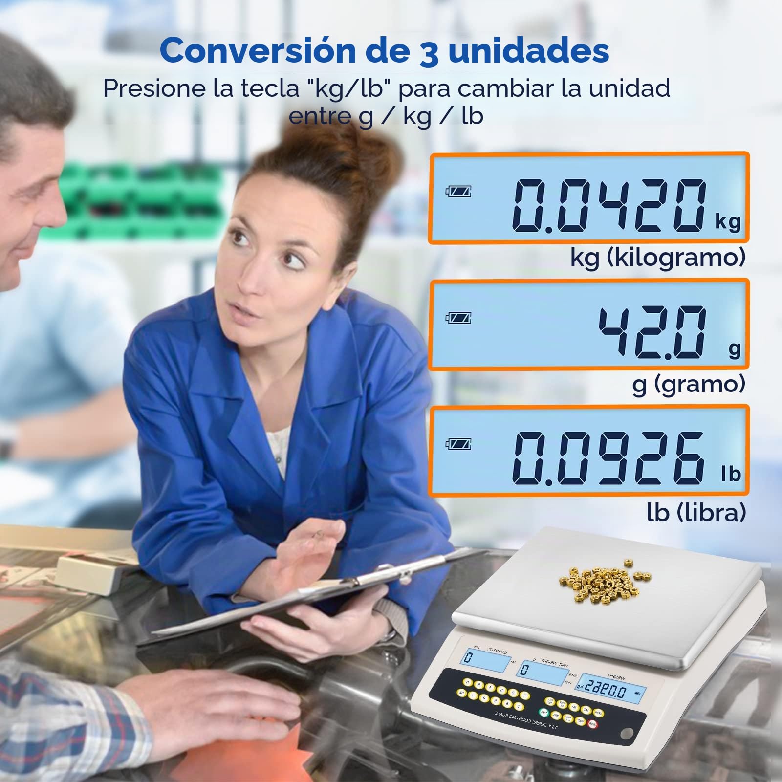 Bonvoisin Báscula Cuentapiezas Digital 6 kg x 0,1 g | Báscula Industrial de Alta Precisión Todo en Uno con Tara, Conteo y Alarma | Salida de Datos RS232 y Batería Recargable | Para Piezas y Monedas