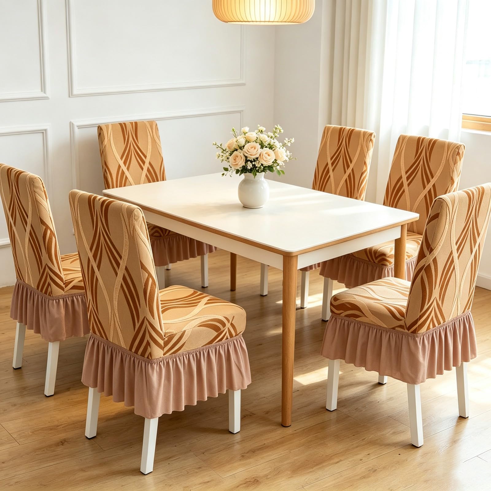 Esszimmer Stuhlhussen mit Rock,Stuhlhussen für Esszimmerstühle 2/4/6er-Set | Strapazierfähiges Abnehmbares und Waschbares Polyestergewebe mit Druckmuster,Elastischer Saum(Gray,4Pcs)