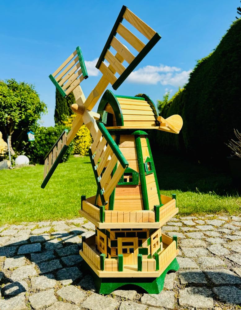 Handgefertigte sechseck Doppelstock Garten Windmühle aus Holz Natur/Grün Höhe 93 cm