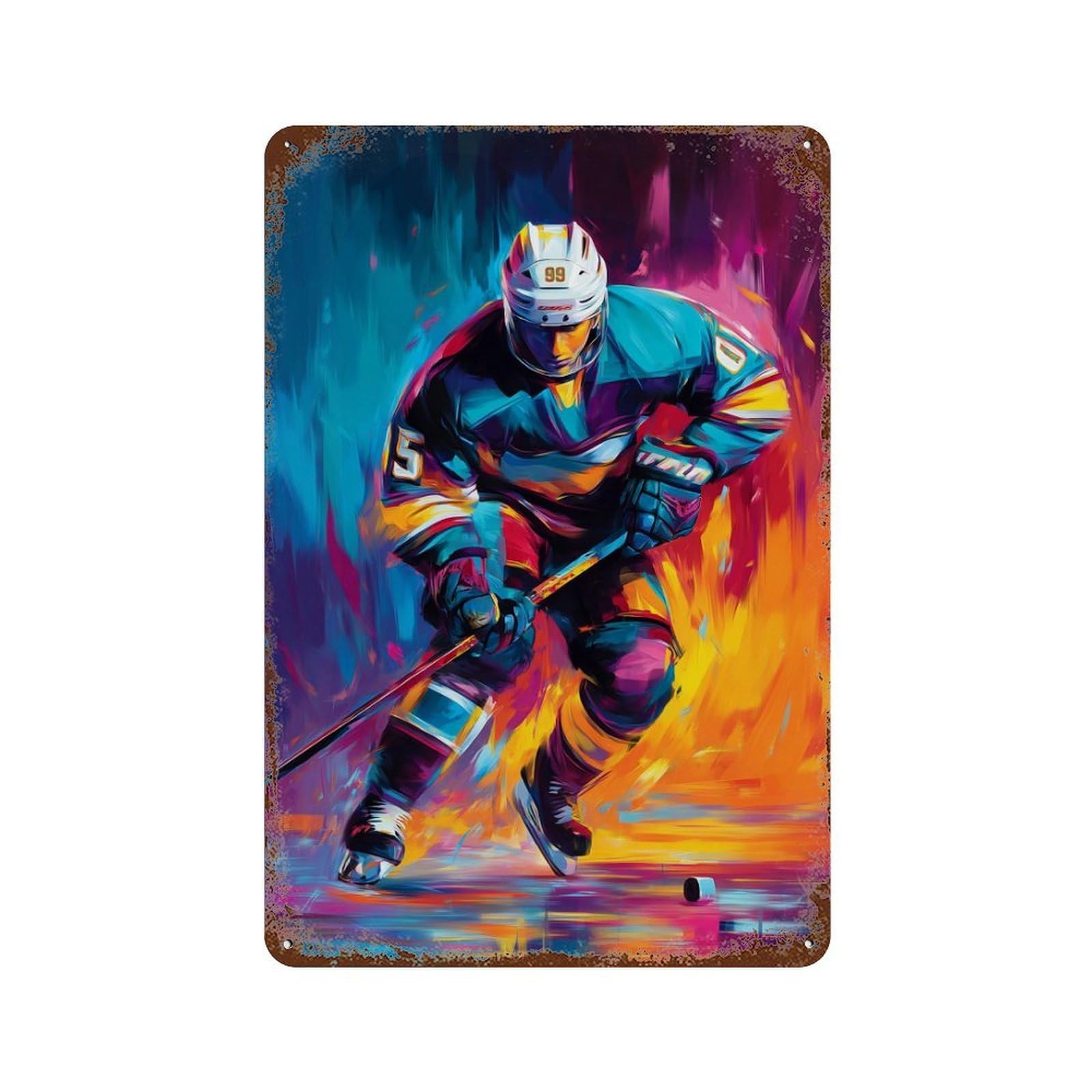 Rusty Metal Tin Sign Dynamic Hockey Player Artwork 11.8"x7.9", Classic Wall Plaque for Cafe, Home Bar And Lounge Decor